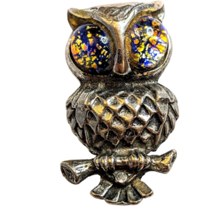 Vintage Kimberlee Owl Brooch – Silver Tone with Foil Glass‎ Eyes